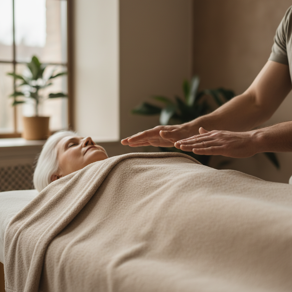 Séance de soin énergétique très réaliste : un thérapeute homme (dont seules les mains sont visibles) est positionné à côté d'une patiente âgée allongée sur une table de massage, sans énergie visible dans les mains, couverture sur la patiente. Style photographique réaliste, lumière naturelle.